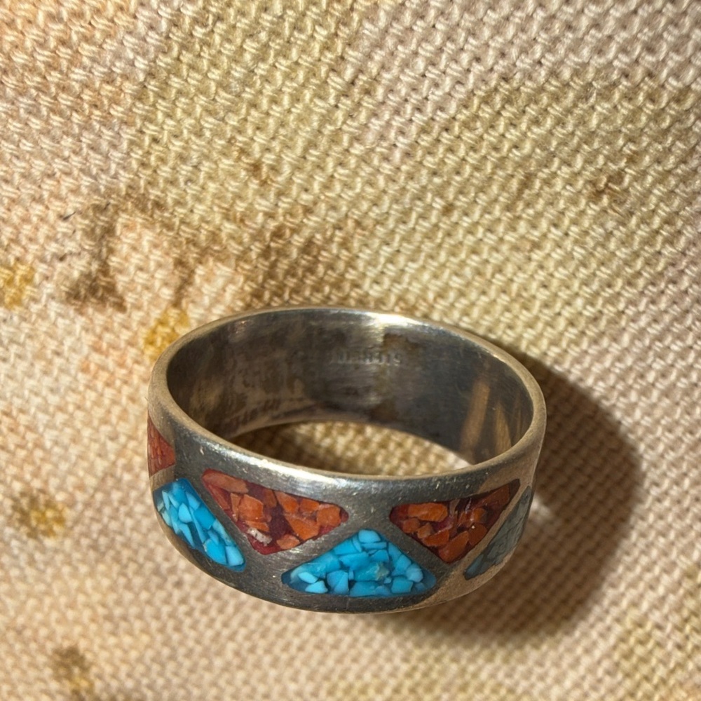 Turquoise and Red Inlay Sterling Ring - Picture 4 of 4